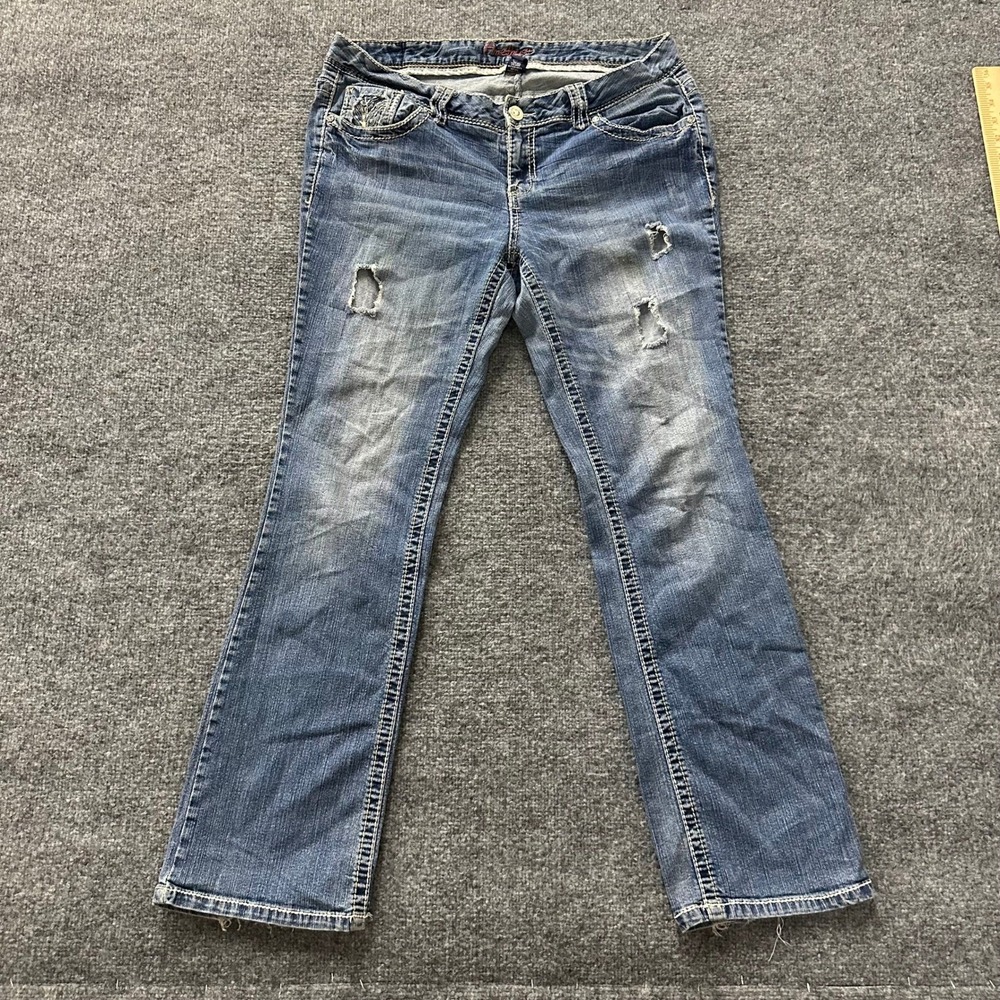 Amethyst Jeans Womens Size 14 Blue Distressed Bootcut Thick Stitch Flap Pocket